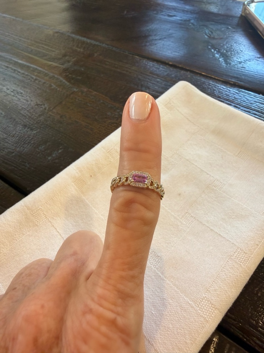 14 KT Gold Chain-Link Ring with Pink Emerald-Cut Sapphire Diamond Halo 6.5 - Picture 8 of 8
